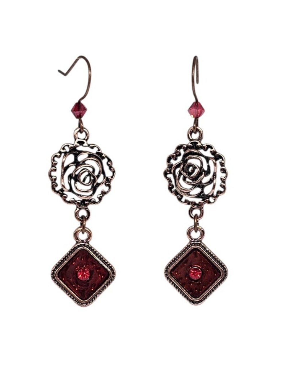 Handmade Copper Rose Floral Earrings Red Crystal Rhinestone Charms Dangle Boho